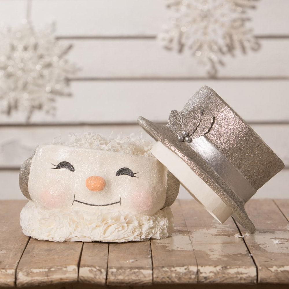 Bethany Lowe Designs Happy Platinum Snowman Paper Mache Bucket LG