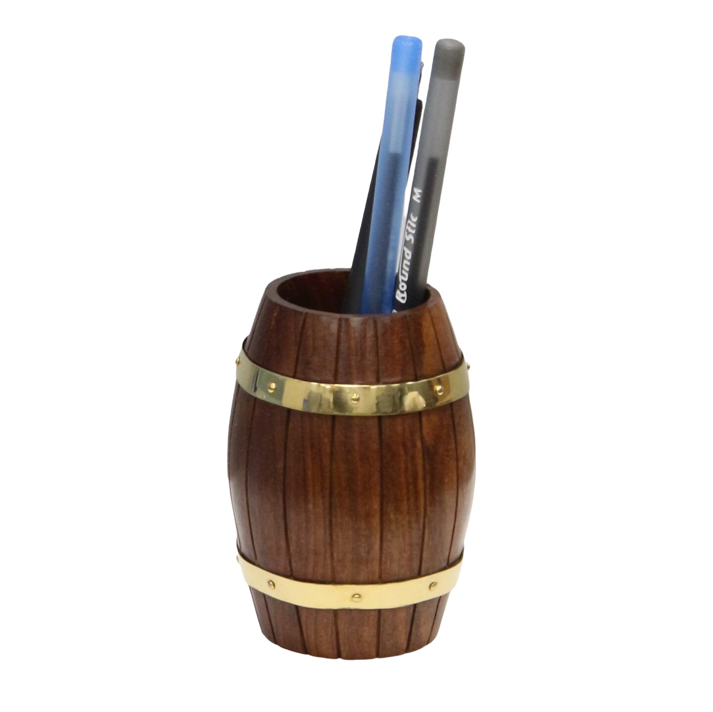 Set of Two Decorative Wine Barrel Shaped Wooden Pen Holders for Office Desk, or Entryway