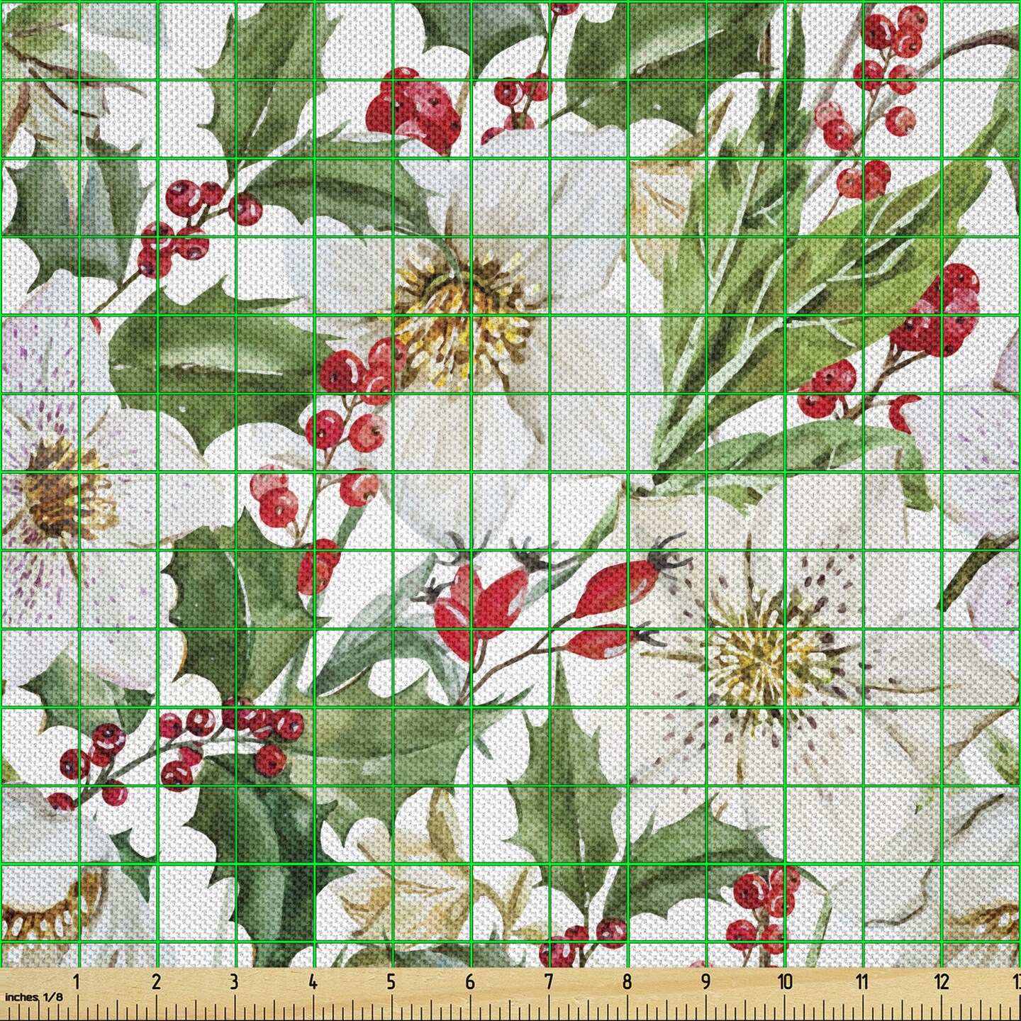 Ambesonne Watercolor Fabric by The Yard, Christmas Themed Floral Poinsettia Winter Inspirations Berries Leaf, Decorative Satin Fabric for Home Textiles and Crafts, 5 Yards, Vermilion Green Yellow