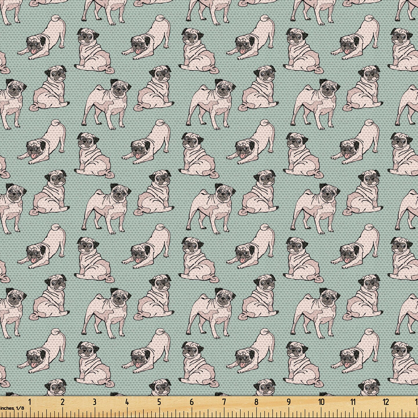 Ambesonne Pug Fabric by The Yard, Dogs Various States Sitting Standing Stretching Cartoon Style Pet Drawing, Decorative Fabric for Upholstery and Home Accents, 3 Yards, Turquoise