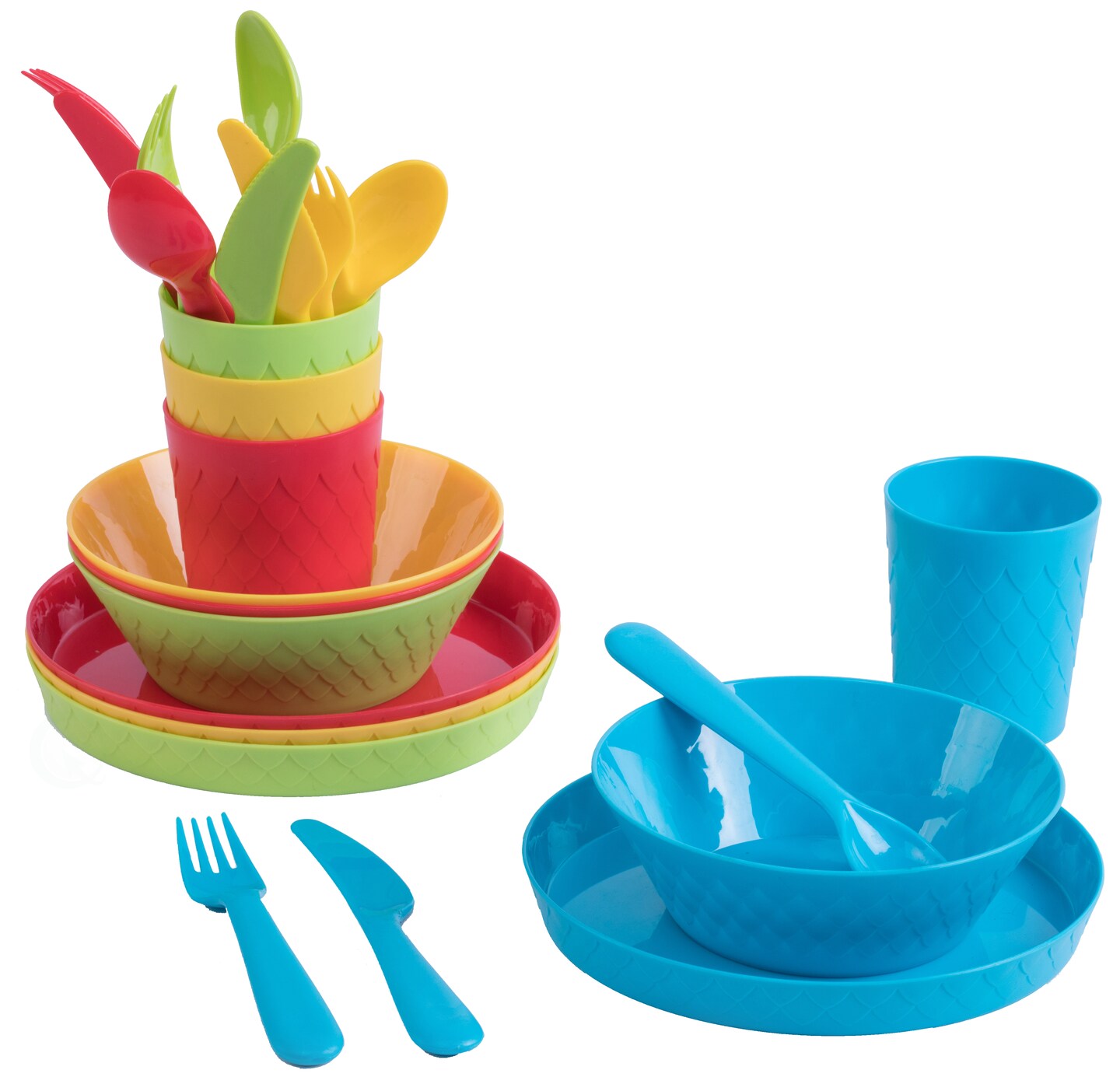 24-Piece Kids Dinnerware Set Plastic 4 Plates, 4 Bowls, 4 Cups, 4 Forks, 4 Knives, and 4 Spoons