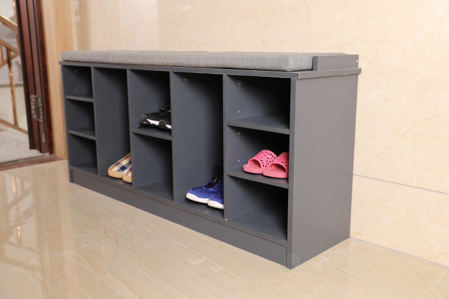 Wooden Shoe Cubicle Storage Entryway Bench with Soft Cushion for Seating
