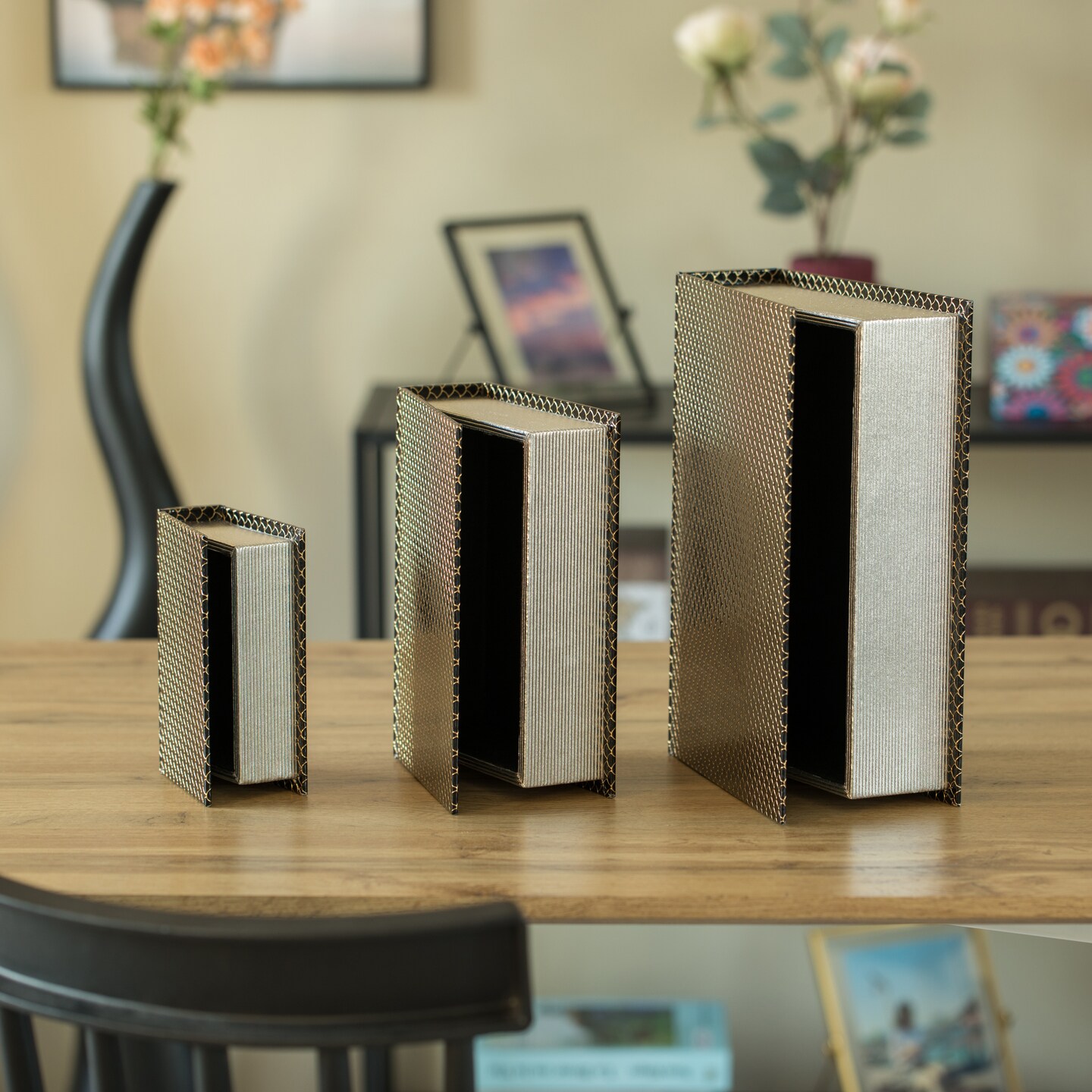 Set of 3 Velvet Vintage Storage Wooden Antique Classic Decorative Book Box Holder