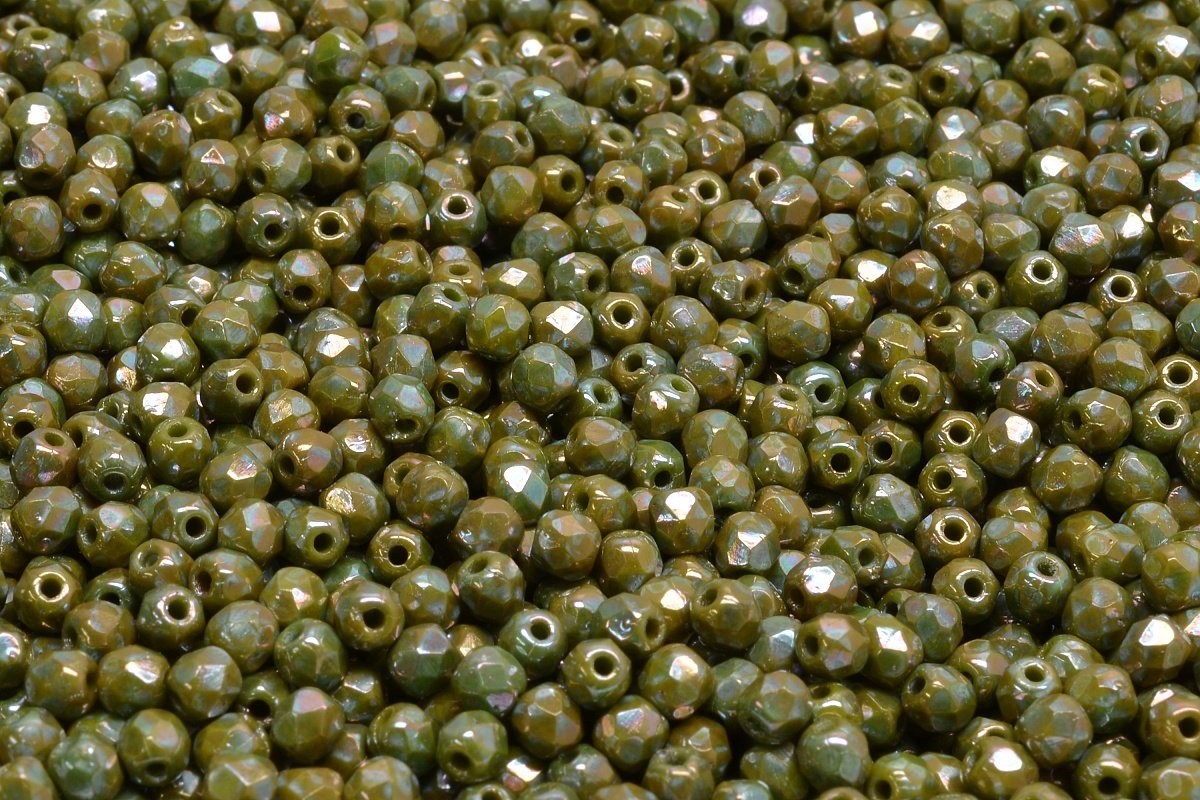 3mm Czech Fire Polish Round Bead, Opaque Olive Nebula, 50 pieces