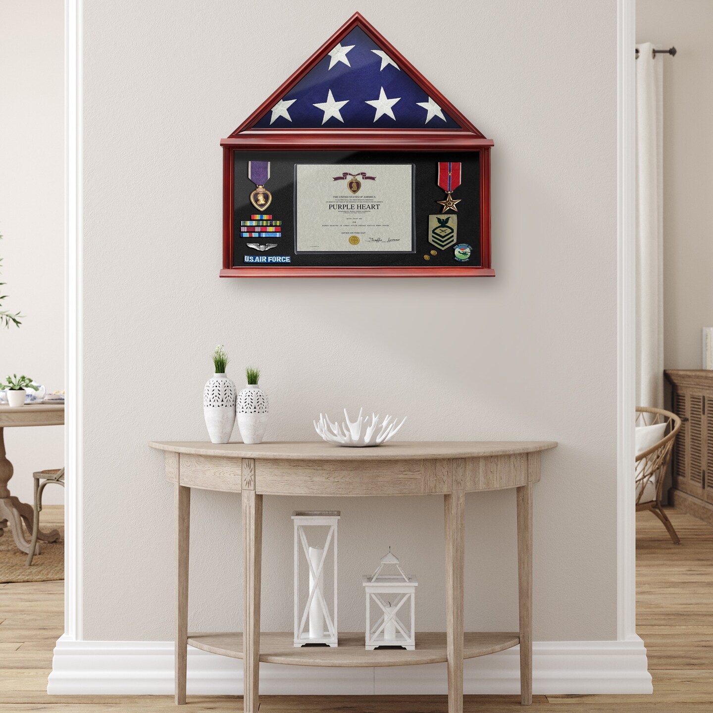 Reminded Large Military Shadow Box Memorial Flag Display Case fits 5&#x27; x 9&#x27; Flag, Solid Wood Mahogany Finish