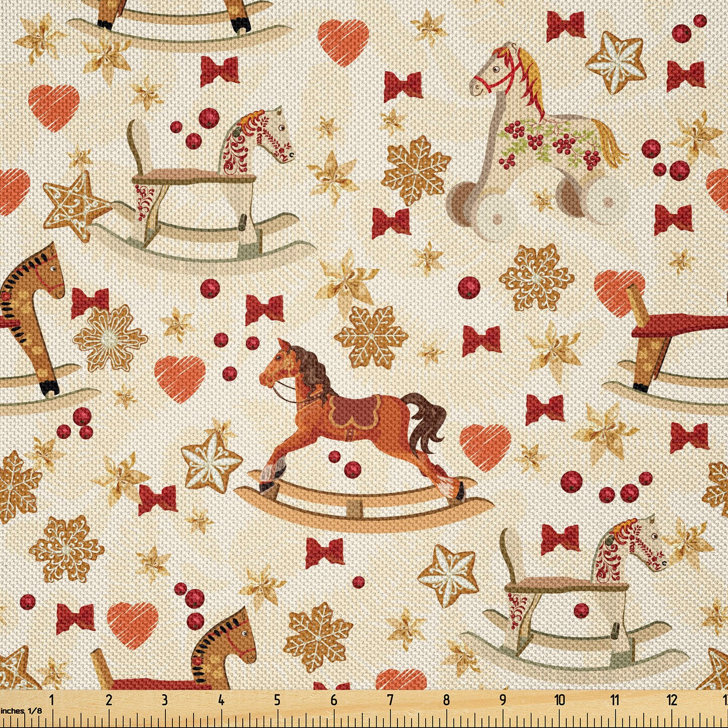 Ambesonne Toy Horse Fabric by The Yard, Vintage Rocking Horse Toy with Star and Bow Tie Grunge Elements Christmas Theme, Decorative Satin Fabric for Home Textiles and Crafts, 1 Yards, Multicolor