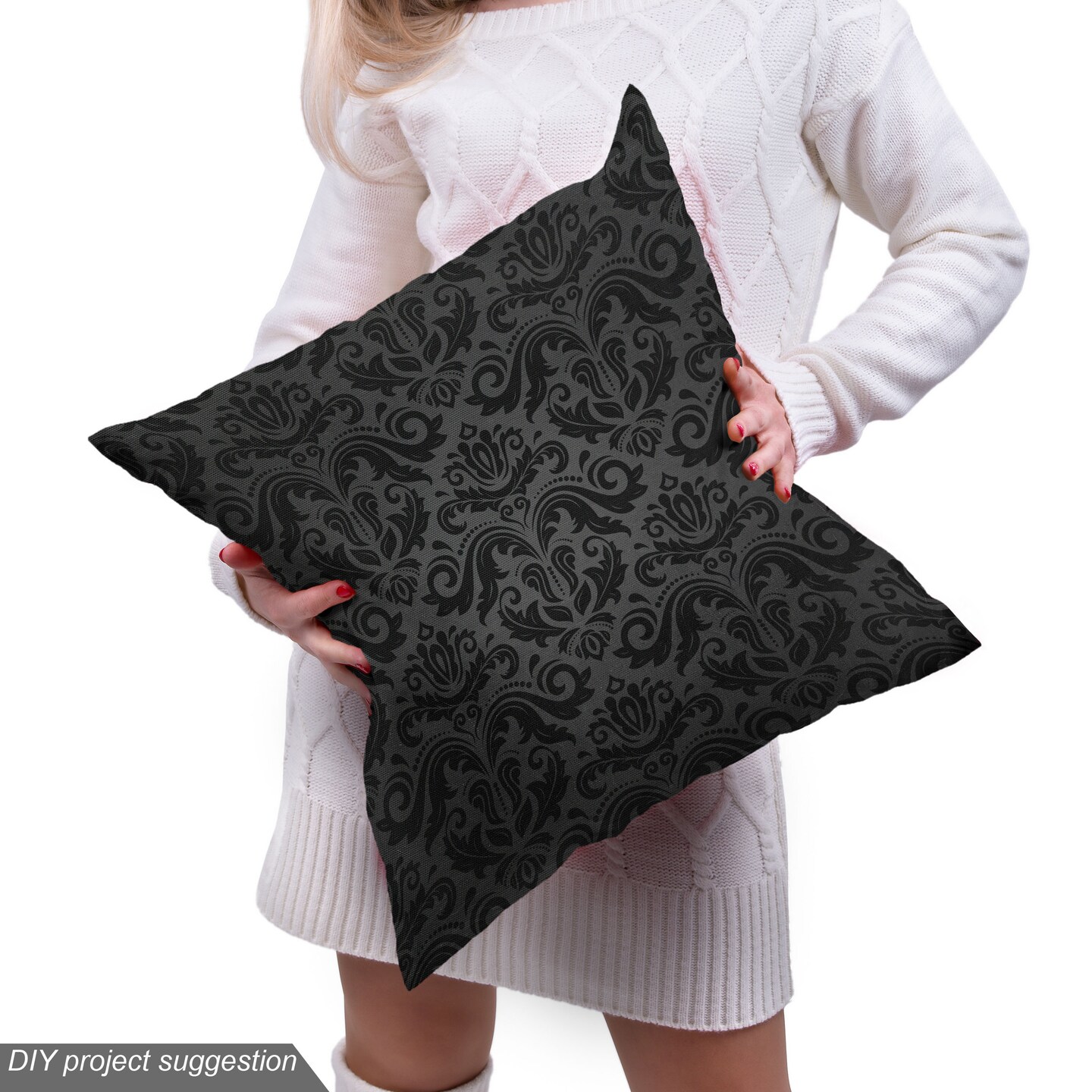 Ambesonne Dark Grey Fabric by The Yard, Black Damask and Floral Elements Oriental Antique Ornament Vintage, Decorative Fabric for Upholstery and Home Accents, 3 Yards, Black Grey