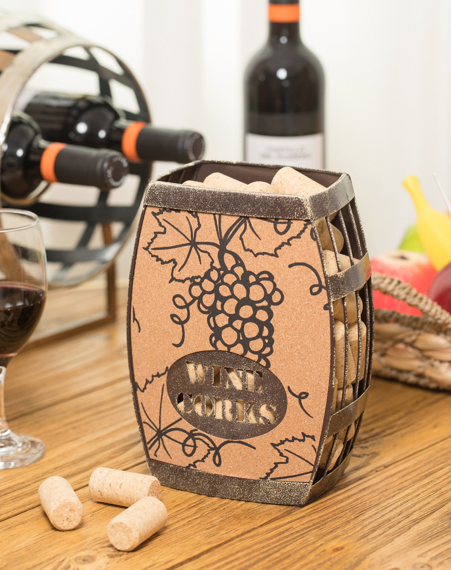 Vintage Decorative Metal Barrel Shaped Tabletop Countertop Wine Cork Holder