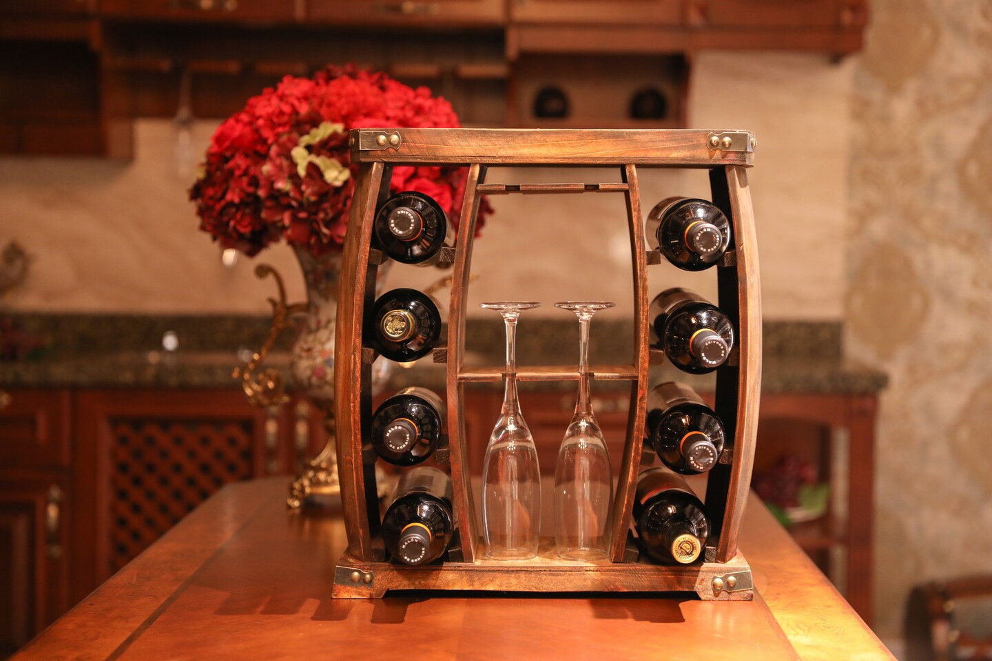 Rustic Wooden Wine Rack with Glass Holder, 8 Bottle Decorative Wine Holder