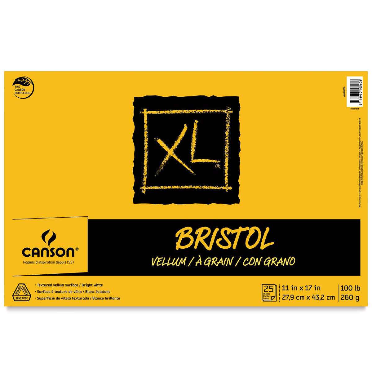 Canson XL Bristol - Pad, 11&#x22; x 17&#x22;, Vellum, 25 Sheets, Tapebound