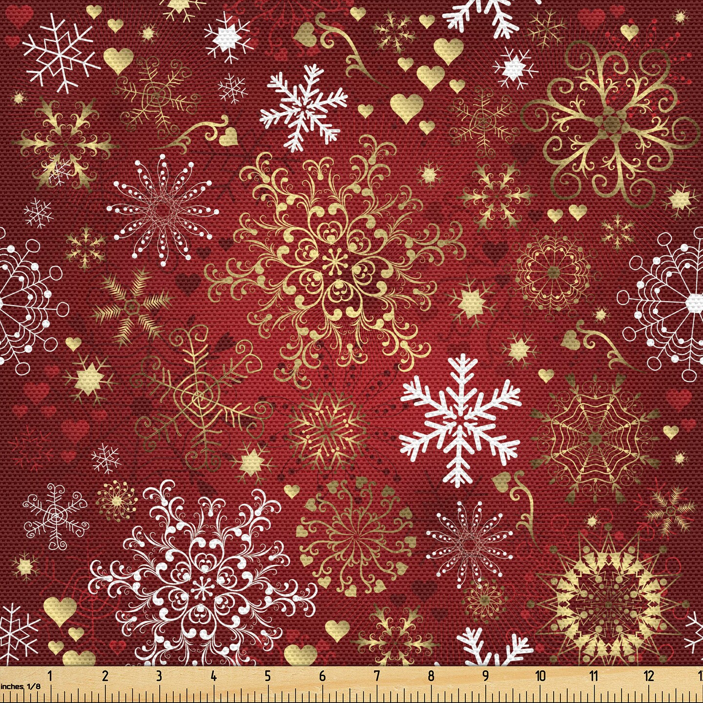 Ambesonne Winter Fabric by The Yard, Old Fashioned Christmas Hearts and Swirls Vintage Composition, Decorative Fabric for Upholstery and Home Accents, 3 Yards, Vermilion Yellow