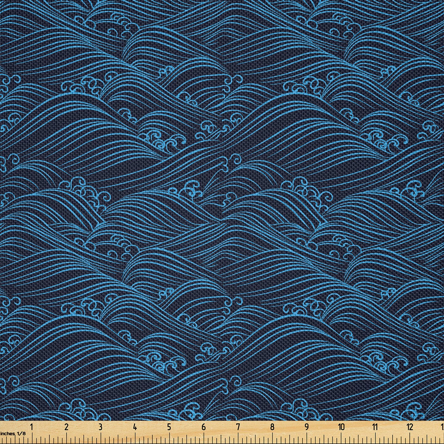 Ambesonne Ocean Fabric by The Yard, Night at The Sea Thunderstorm Waves Japanese Marine Artist Kimono Design, Decorative Satin Fabric for Home Textiles and Crafts, 3 Yards, Navy Blue
