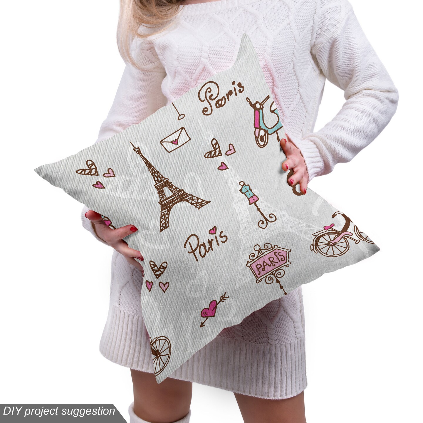 Ambesonne Paris Fabric by The Yard, Romance Language Capital of Love Eiffel Heart Fashion City Girlish Print, Decorative Fabric for Upholstery and Home Accents, 3 Yards, Redwood Pearl