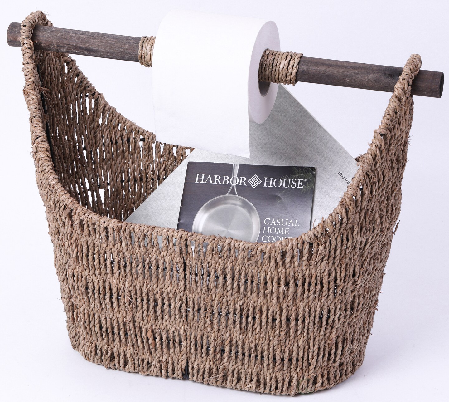 Seagrass Decorative Bathroom Basket &#x2013; Handwoven Magazine Rack, Storage Organizer for Small Essentials, Washcloths and Toiletries, with Wooden Rod Toilet Paper Holder for Easy Dispensing