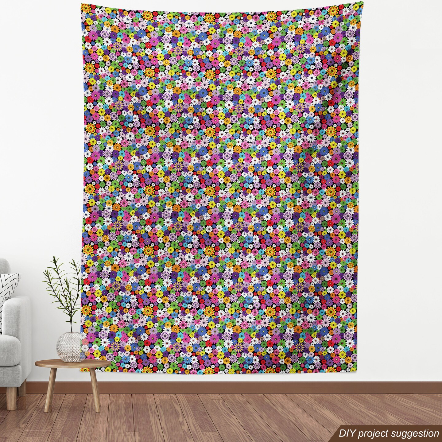 Ambesonne Flower Fabric by The Yard, Floral Vivid Pattern with Colorful Flowers Daisies Wildflowers Cheerful Natural, Decorative Fabric for Upholstery and Home Accents, 1 Yard, Purple Black
