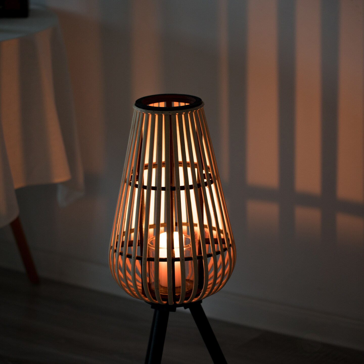 Indoor and Outdoor Modern Natural Bamboo Decorative Lantern with Black Stand and Glass Candle Holder
