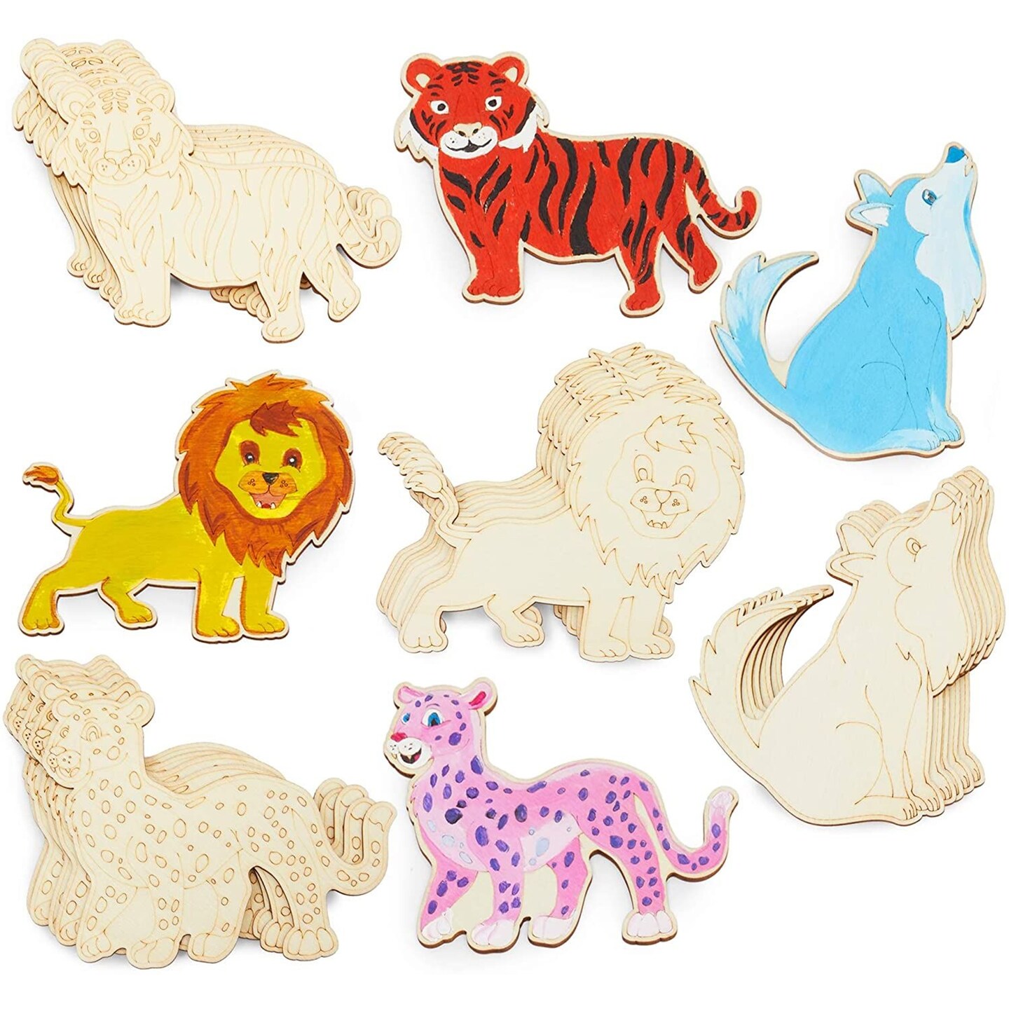 Unfinished Wood Cutouts for Crafts, Tiger, Lion, Wolf, Leopard (24