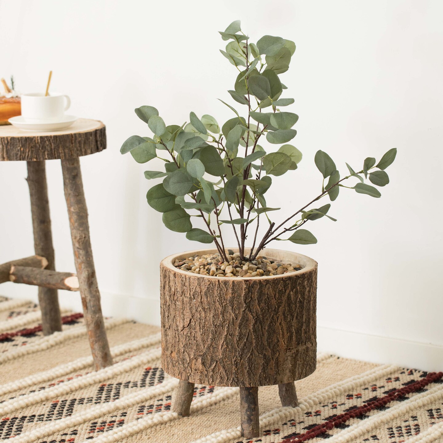 Wooden Stump Tree Log with Bark Planter Pot with Small Tree Branch Legs
