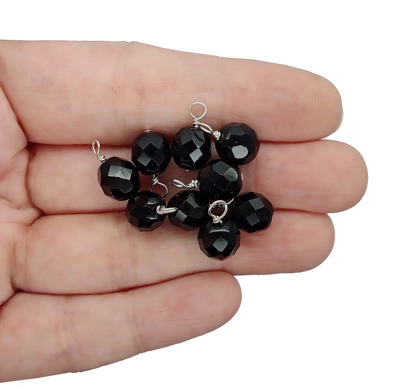 Black Fire-Polished Dangle Charms, 8mm Jet Czech Glass Beads, Set of 10 charms, Adorabilities