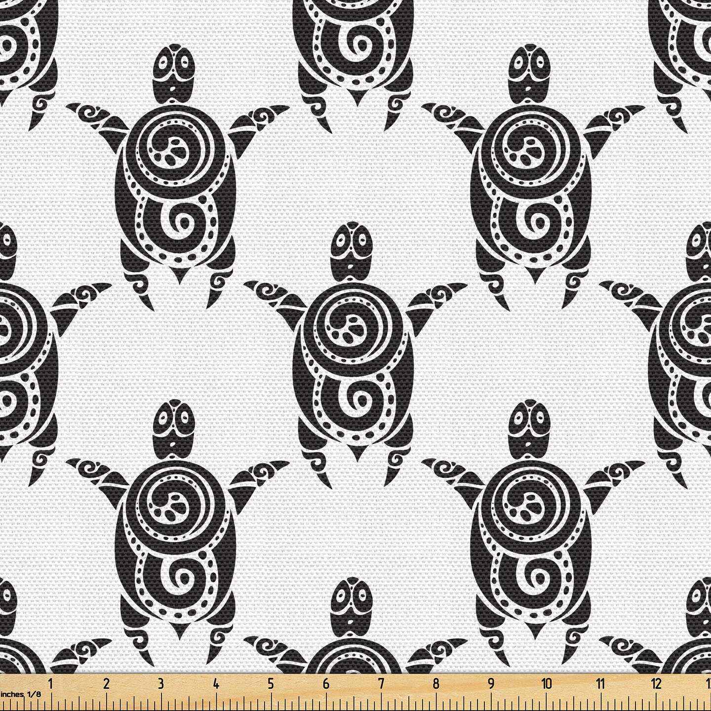 Ambesonne Tattoo Fabric by The Yard, Pattern with Sea Turtles in Maori Style Polynesian Swirly Motifs, Decorative Fabric for Upholstery and Home Accents, 1 Yard, Black White