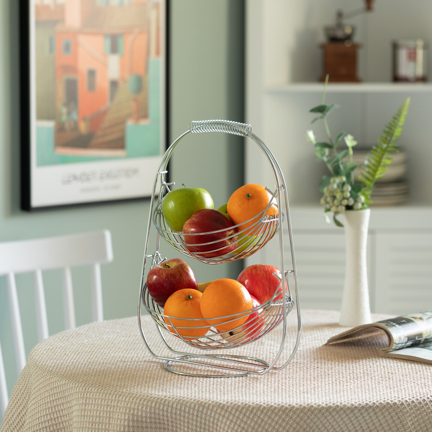 2 Tier Metal Fruit Holder Swing Basket for Kitchen | Detachable Countertop Vegetables Storage Organizer with Display Hammock Stand for Farmhouse, Living Room, Dining Room
