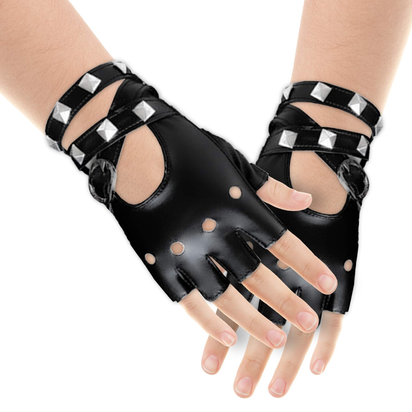 Womens Fingerless Leather Gloves Star Studded Dancing Driving Rock Punk Cool