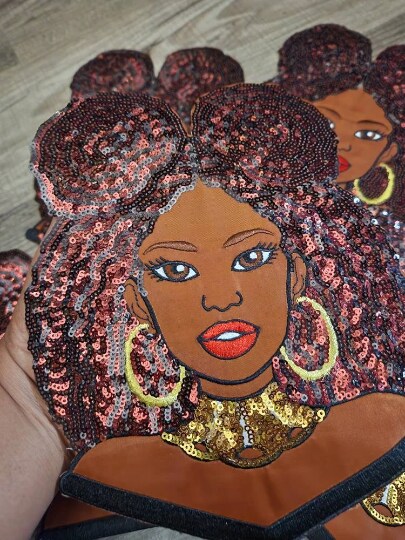 Patch Party Club “Satin and Sequins: Afro Puff Cutie” Iron-On Embroidered Patch, Size 10”