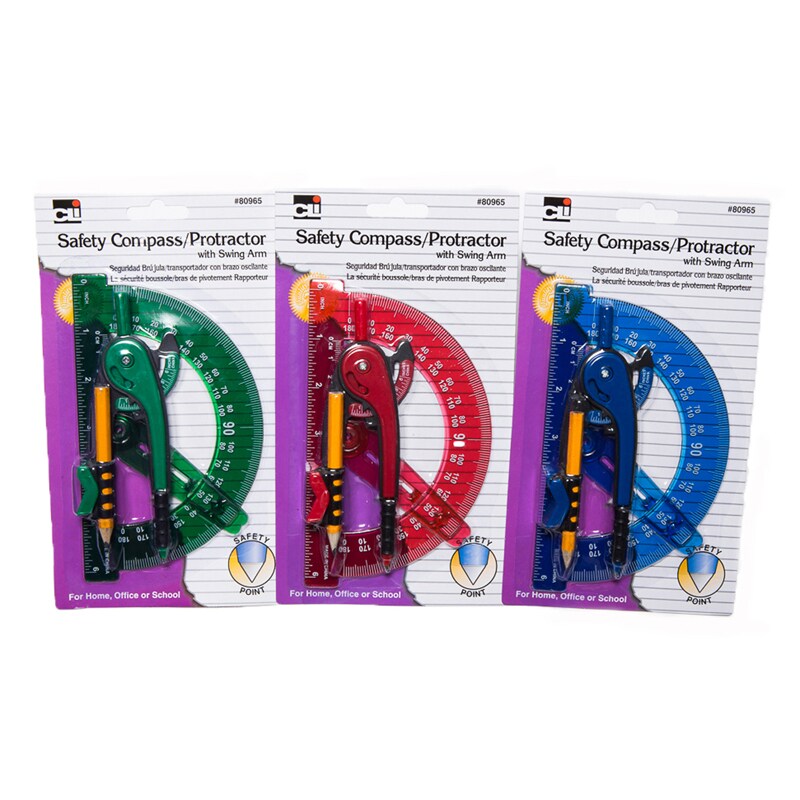 Compass Safety and 6&#x22; Swing Arm Protractor, Assorted Colors, Pack of 12