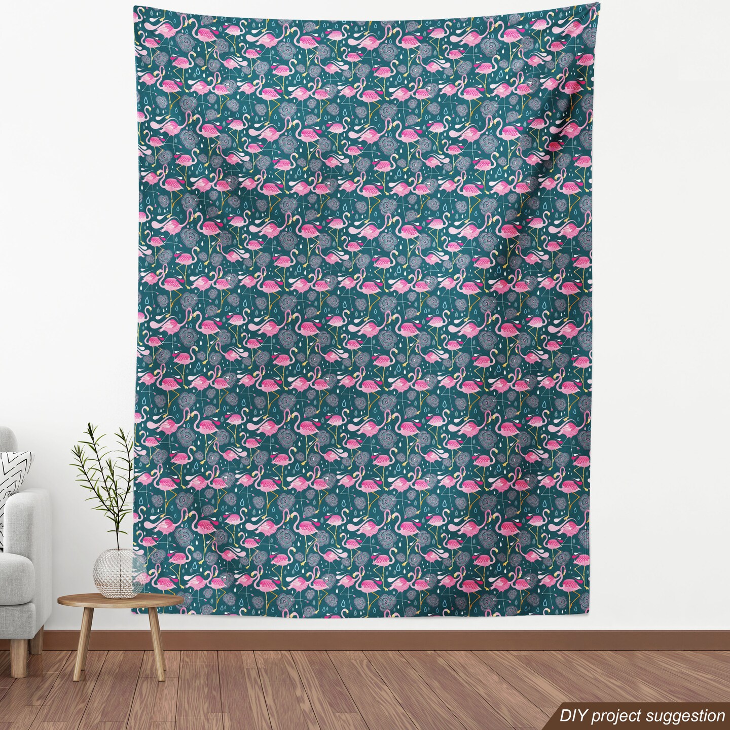 Ambesonne Flamingos Fabric by The Yard, Exotic Bird Pattern with Flowers Hearts and Raindrops Tropical, Decorative Fabric for Upholstery and Home Accents, 10 Yards, Green Pink