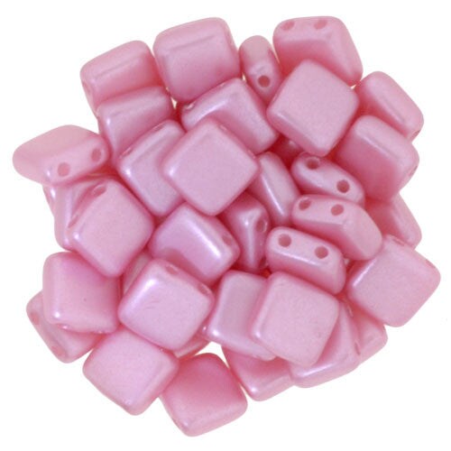 Czechmate 6mm Square Glass Czech Two Hole Tile Bead, Pearl Coat-Pink