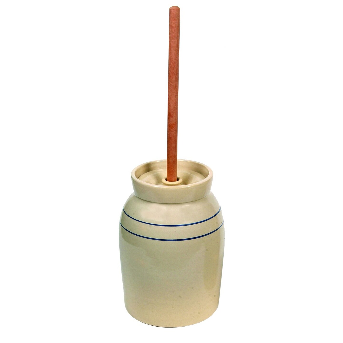 Martinez Pottery Butter Churn, Hand-Turned Stoneware Dasher-Style Churn, Natural Stone Color with Blue Stripes