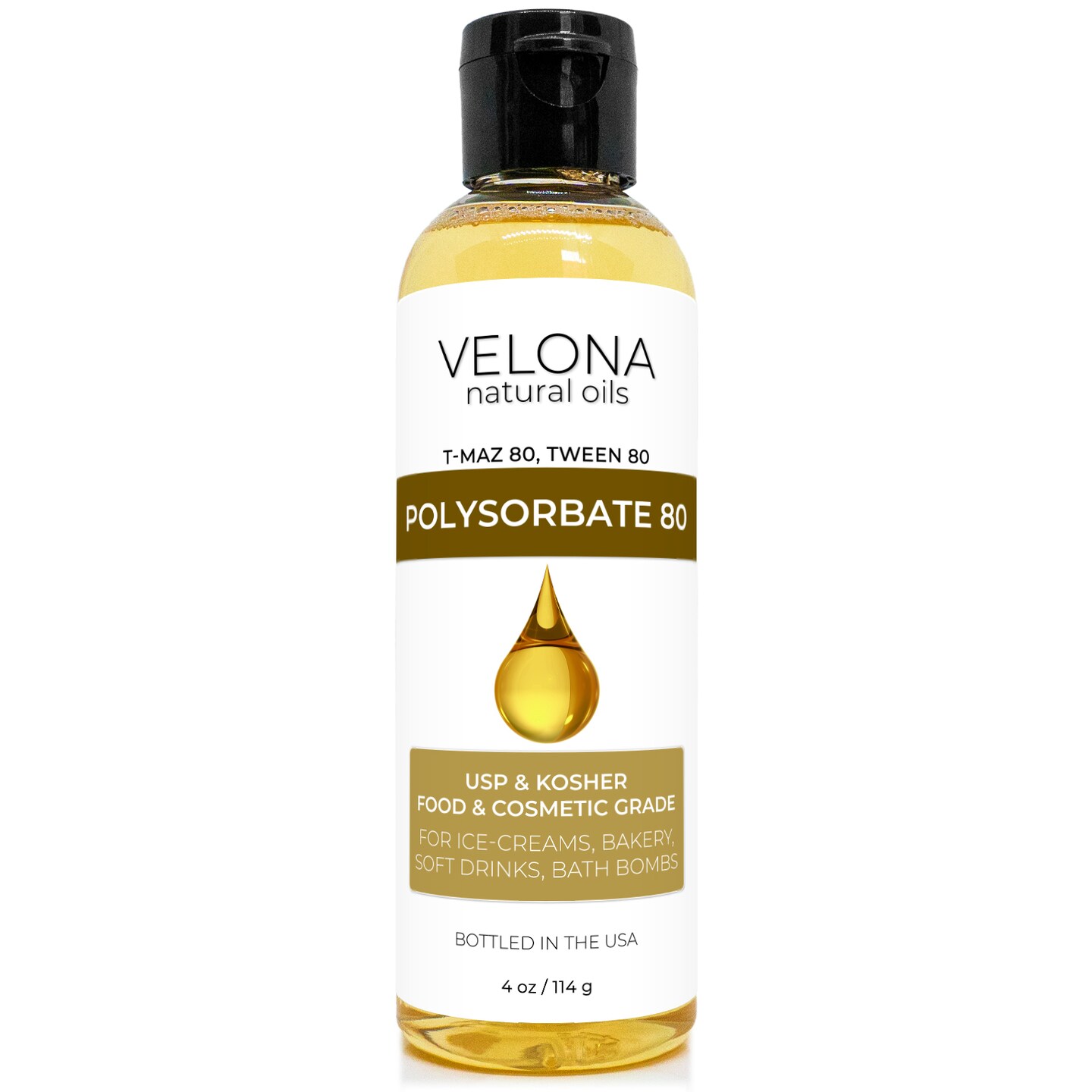 Polysorbate 80 by Velona 4 oz | Solubilizer, Food &#x26; Cosmetic Grade | All Natural for Cooking, Skin Care and Bath Bombs, Sprays, Foam Maker | Use Today - Enjoy Results
