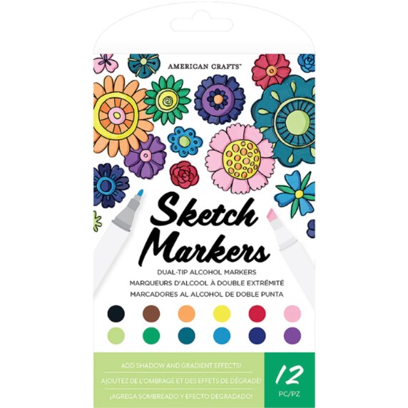 American Crafts - Sketch Markers Collection - Dual Tip - Chisel and Fine Point - 12 Color Pack 34007549