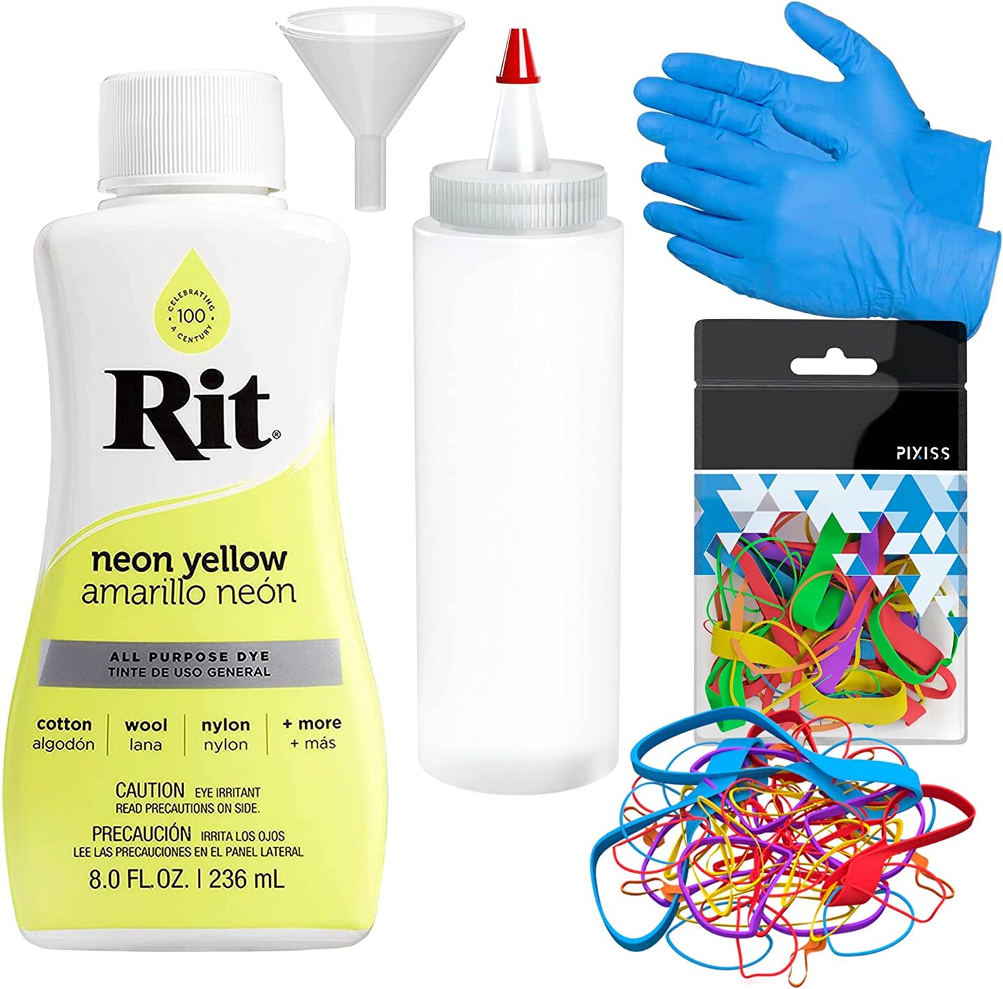 Rit Dye Liquid Neon Yellow All-Purpose Dye 8oz, Pixiss Tie Dye Accessories Bundle