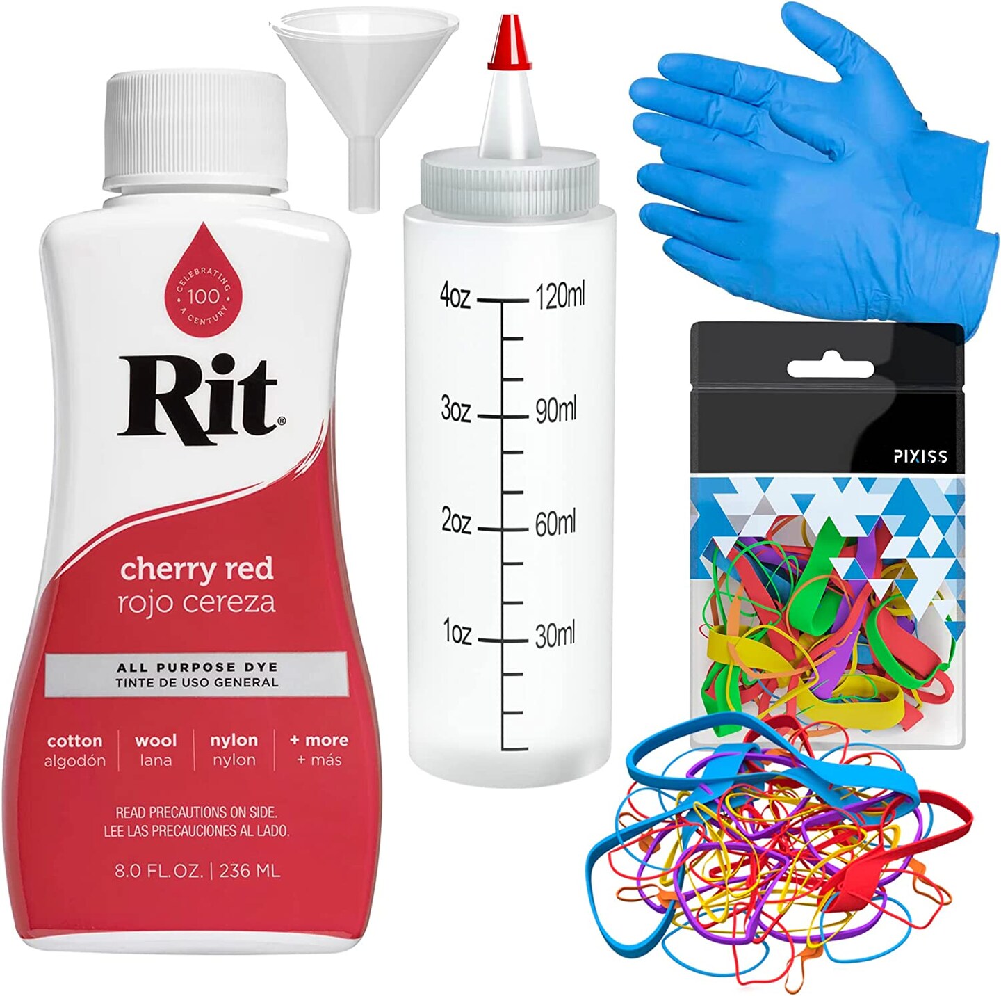 Rit Dye Liquid Cherry Red All-Purpose Dye 8oz, Pixiss Tie Dye Accessories Bundle