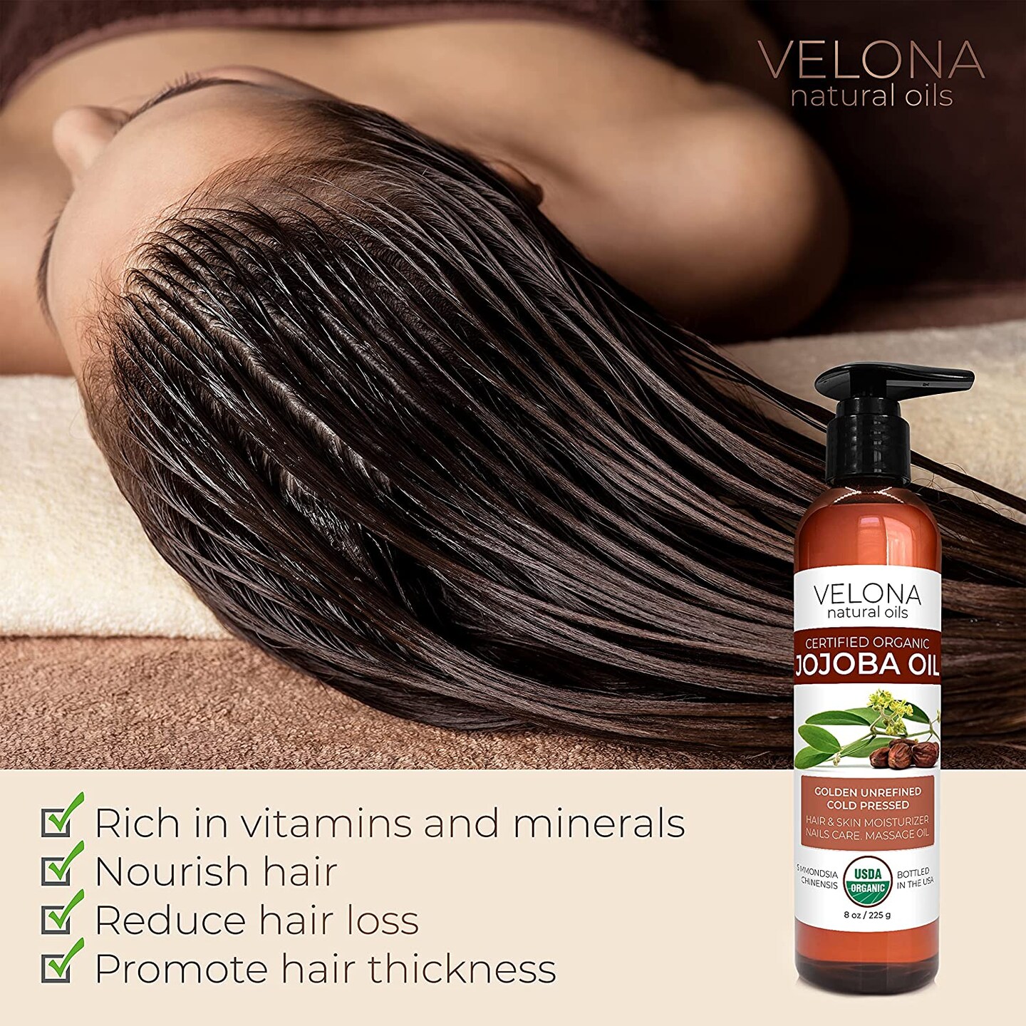 Velona Jojoba Oil USDA Certified Organic - 8 oz | 100% Pure and Natural Carrier Oil| Golden, Unrefined, Cold Pressed, Hexane Free | Moisturizing Face, Hair, Body, Skin Care, Stretch Marks, Cuticles | Use Today - Enjoy Results