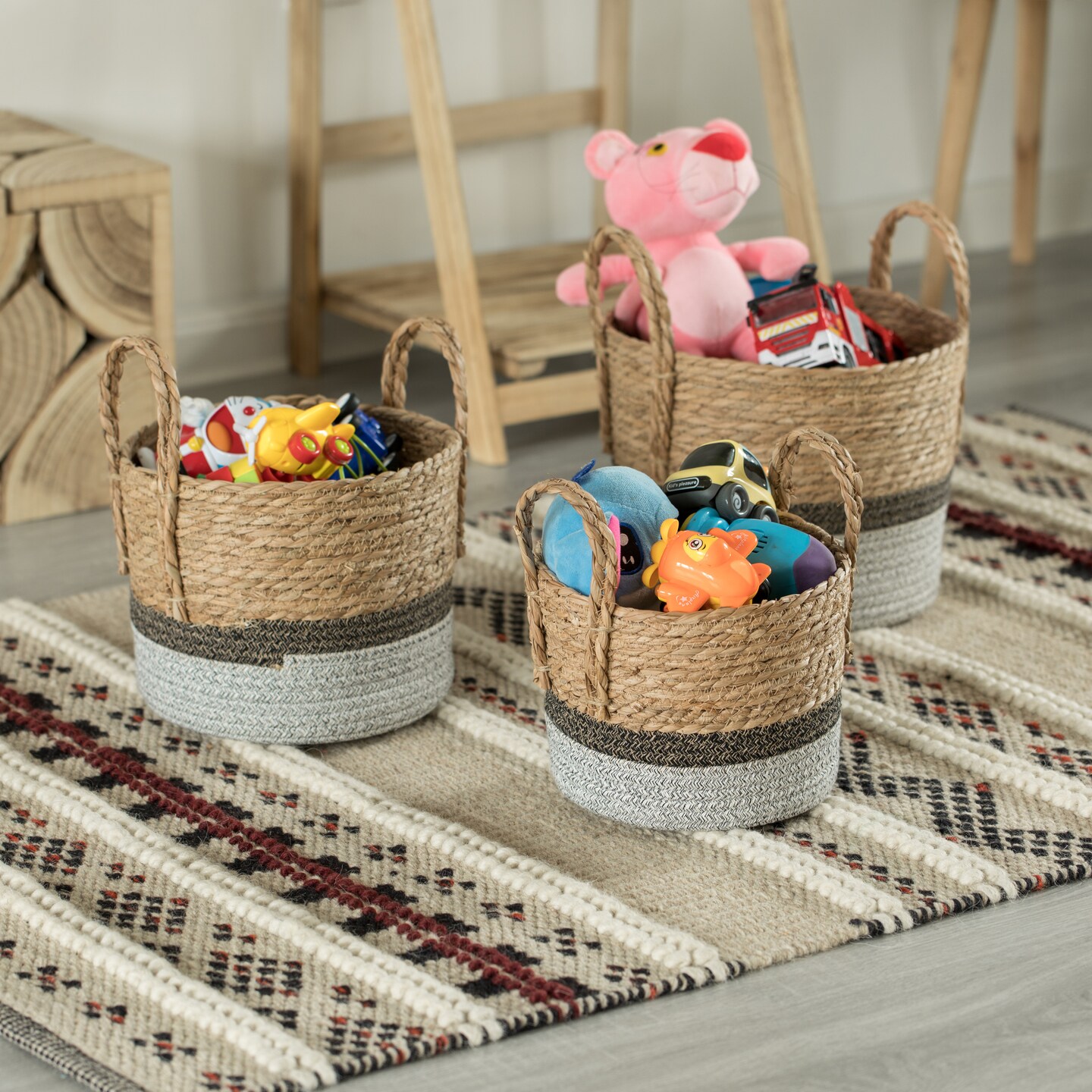 Straw Decorative Round Storage Basket Set of 3 with Woven Handles for the Playroom, Bedroom, and Living Room