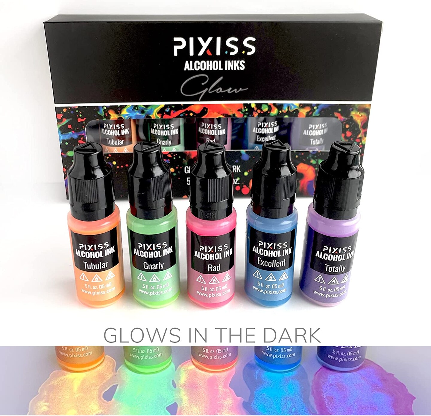 Pixiss Glow In The Dark Alcohol Inks Set, 5 Highly Saturated Glow In The  Dark Inks