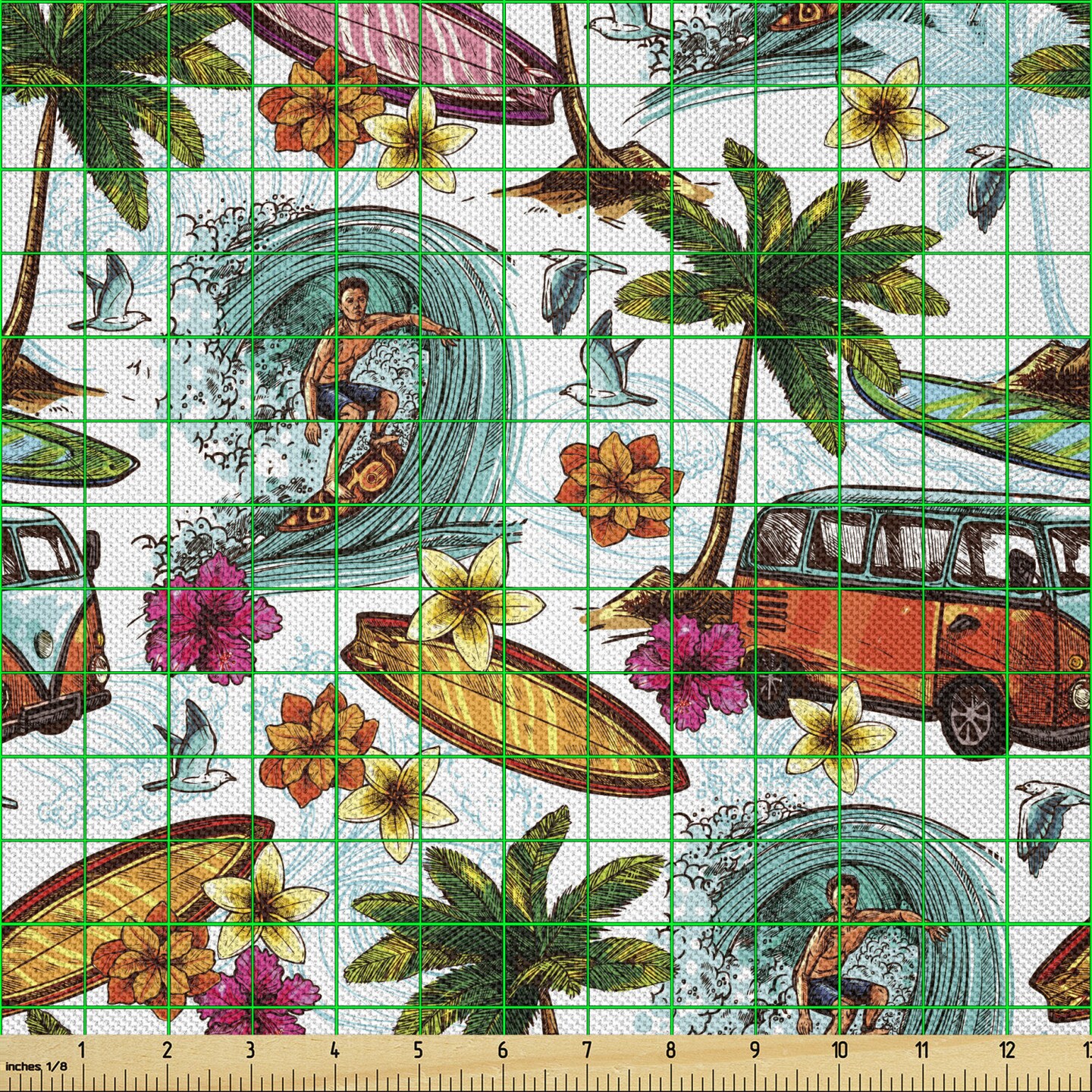 Ambesonne Ocean Fabric by The Yard, Hawaiian Surfer on Wavy Deep Sea Retro Style Palm Trees Flowers Surf Boards Print, Decorative Satin Fabric for Home Textiles and Crafts, 1 Yards, Multicolor