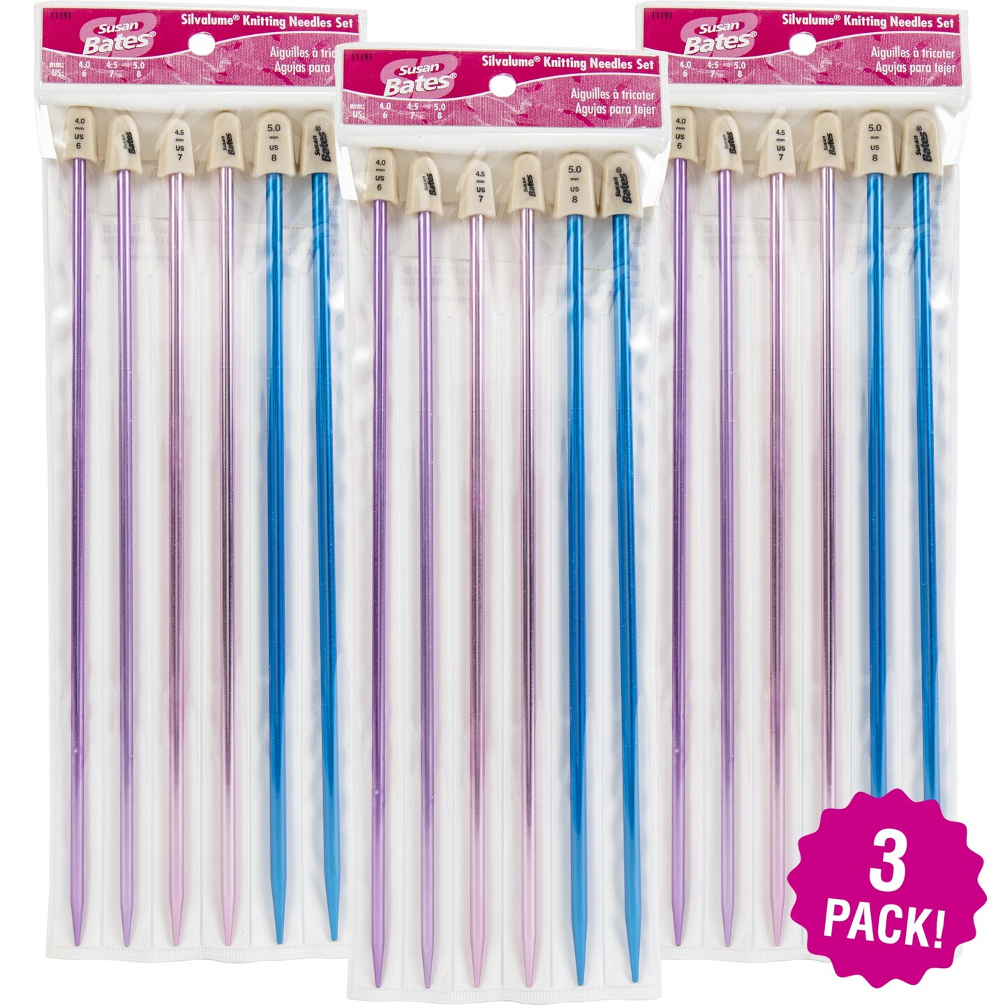 Multipack of 3 - Silvalume Single Point Knitting Needles 10" Gift Set-Sizes 6 To 8