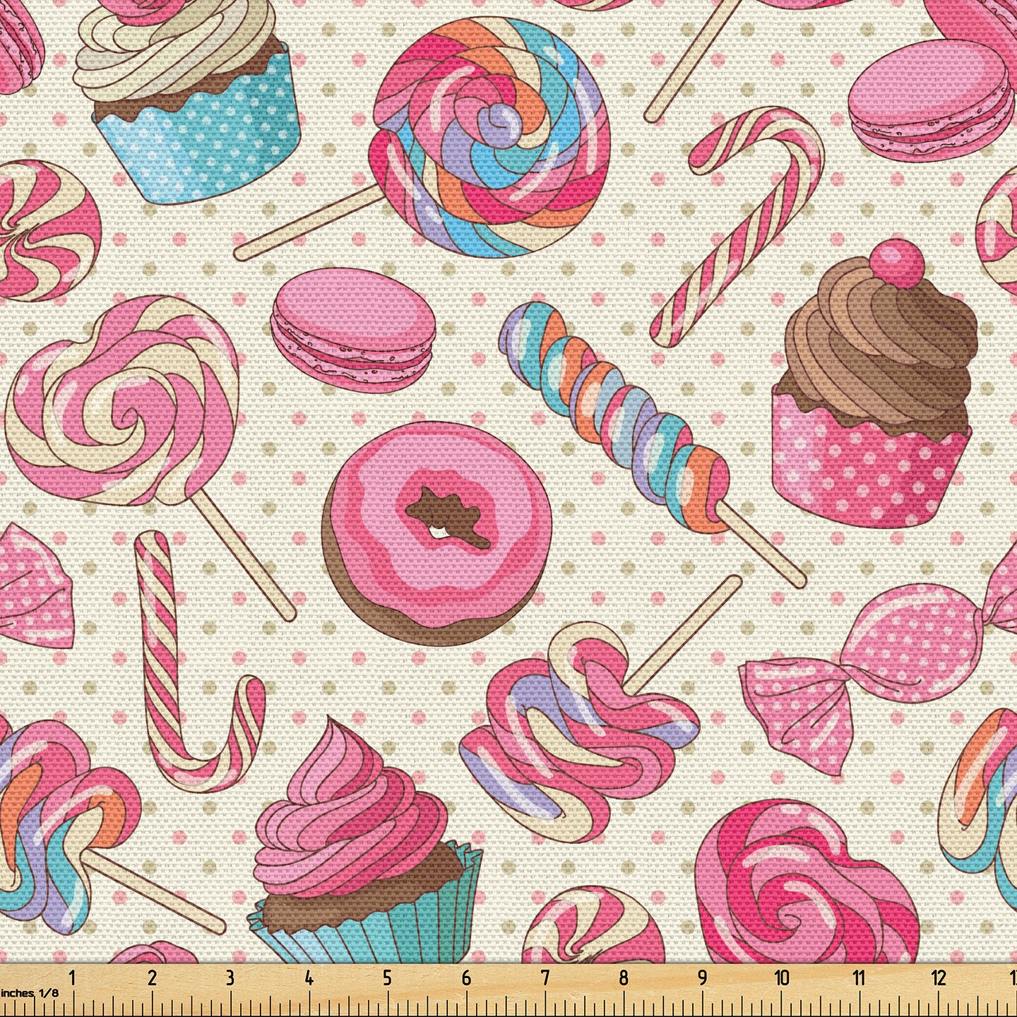 Ambesonne Candy Cane Fabric by The Yard, Yummy Lollipop Candy Macaroon Cupcake and Donut on Polka Dots Pattern, Decorative Fabric for Upholstery and Home Accents, 2 Yards, Pink Cream