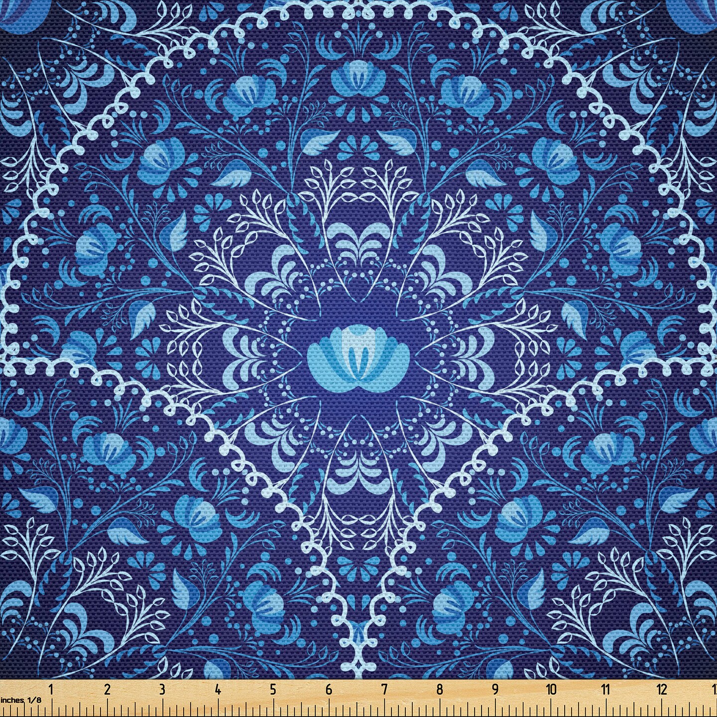 Ambesonne Navy Blue Fabric by The Yard, Circular and Floral Alike Oriental Style Patterned Design Artwork, Decorative Fabric for Upholstery and Home Accents, 10 Yards, Blue Navy