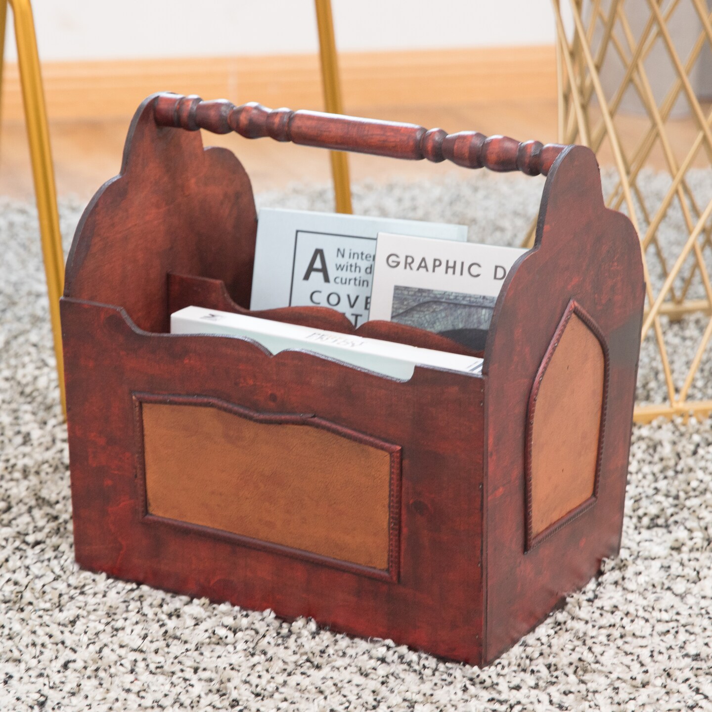 Handcrafted Decorative Wooden Magazine Rack with Handle