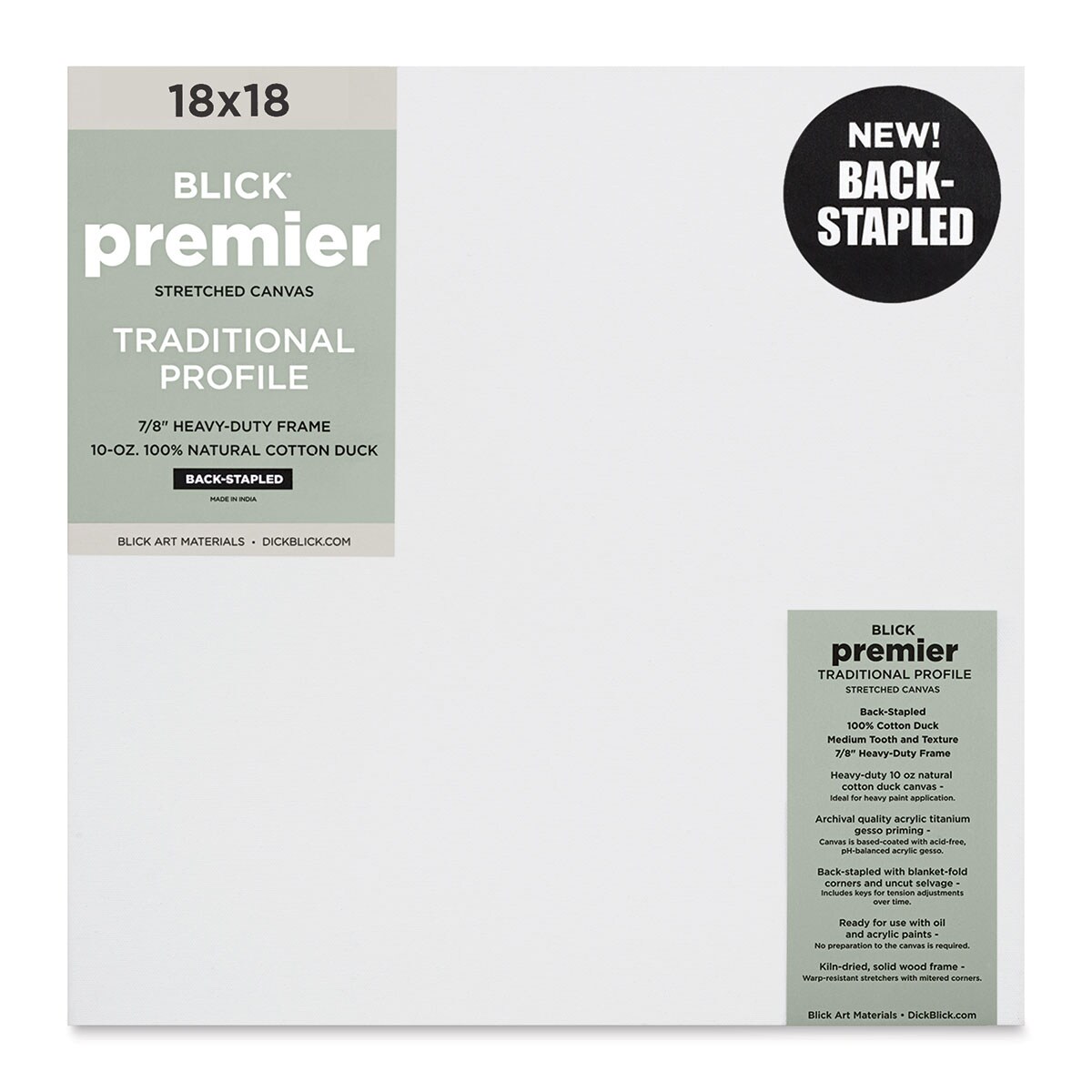 Blick Premier Stretched Cotton Canvas - Traditional Profile, Back-Stapled, 18&#x22; x  18&#x22;