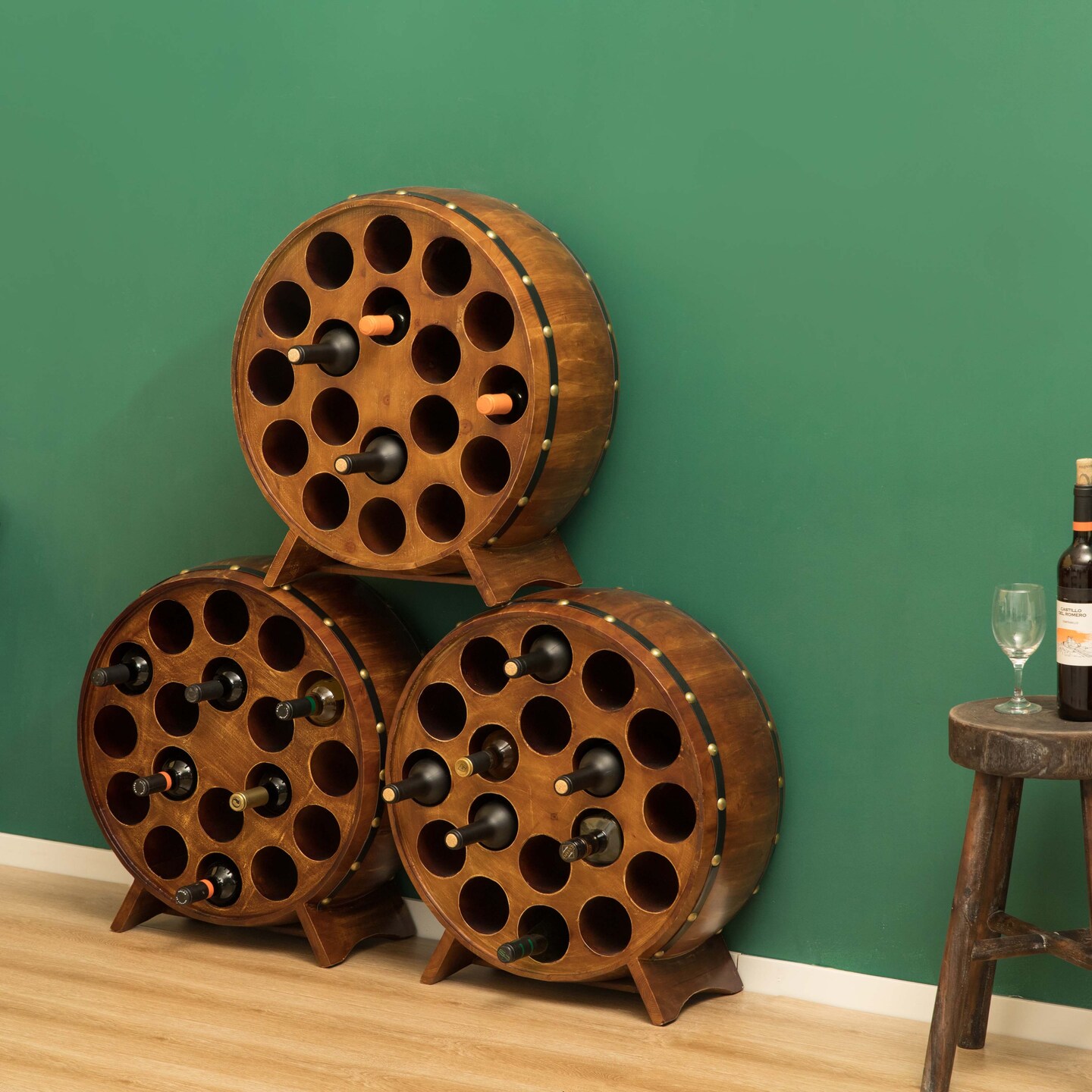 Wooden Stackable Round Shaped Wine Barrel Wine Rack, 1 Rack