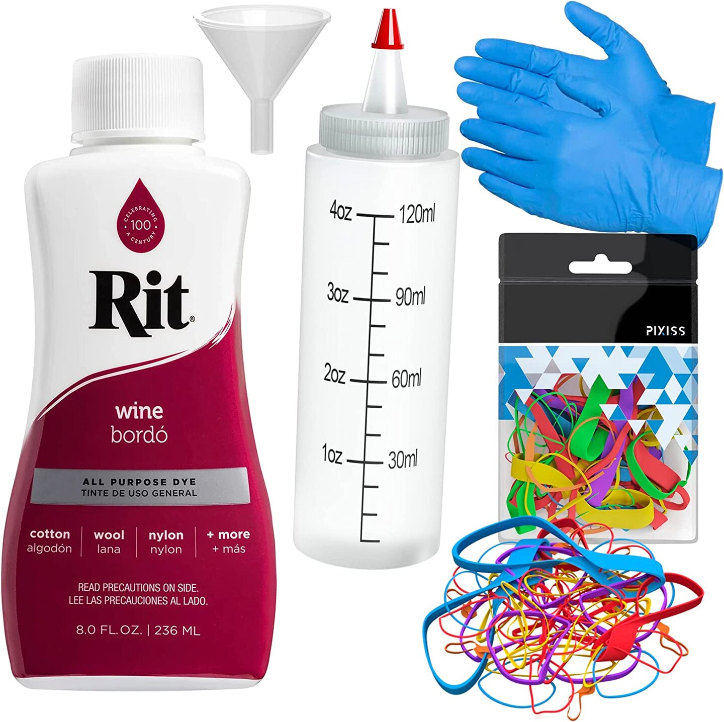 Rit Dye Liquid Wine All-Purpose Dye 8oz, Pixiss Tie Dye Accessories Bundle