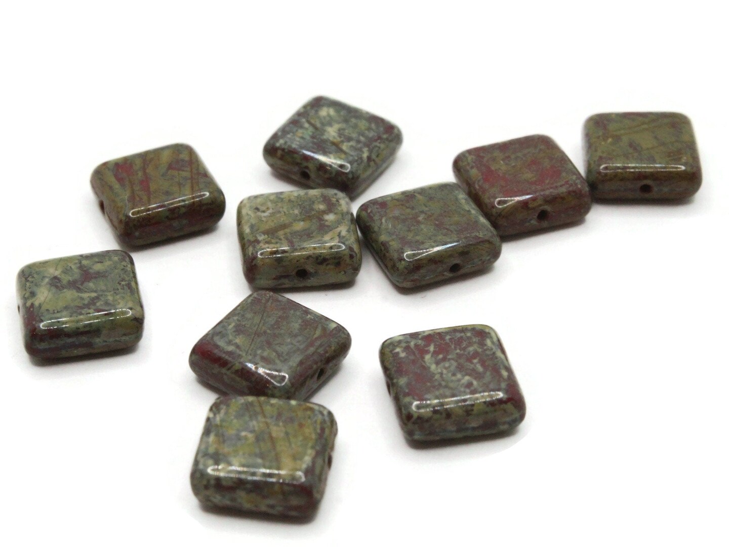 10 10mm Green, Red and Cream Square Glass Stone Look Beads