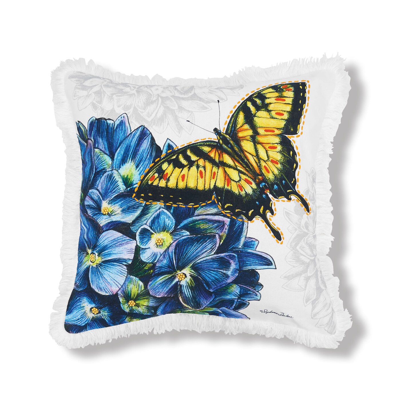 Botanical Butterfly Floral Spring Printed and Embellished Throw Pillow