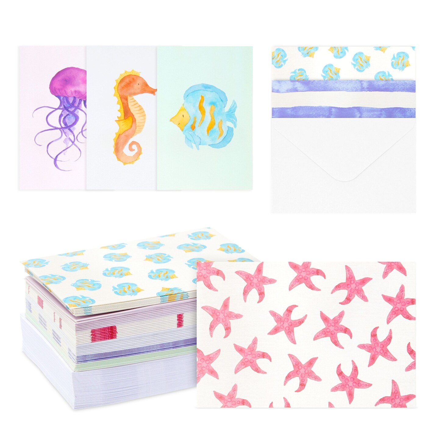 Blank Greeting Cards with Envelopes, Watercolor Sea Ocean (4x6 In, 48 Pack)