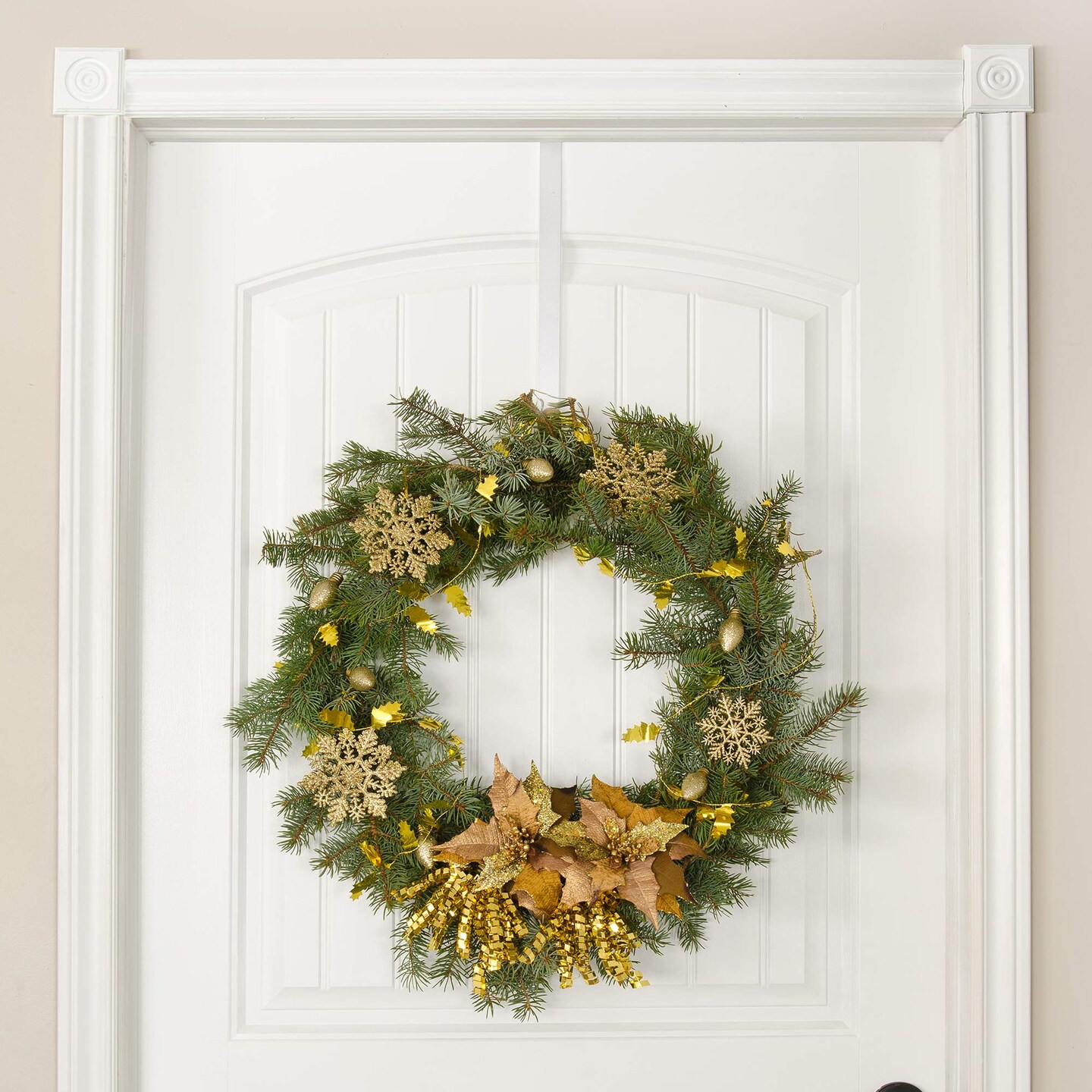 RN'D Over Door Wreath Hook - Thin Metal Overdoor Wreath Holder Seasonal Hanger for Front or Back Door (White, 15")